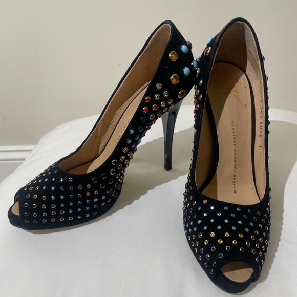 GIUSEPPE ZANOTTI Black Suede Cabochon-studded Open-toe Pumps Sz 6.5 36.5 $925 - Picture 9 of 16